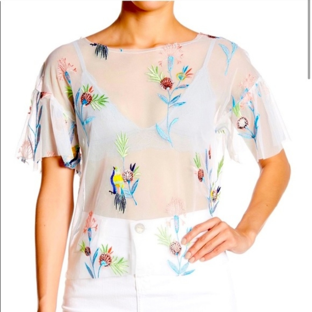 June and Hudson xs White Mesh Embroidered Bird Top